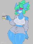  baggy_clothing beverage big_breasts blue_body blue_fur bottomwear bra breasts clothed clothing coffee coffee_cup coffee_mug container crop_top cup curvy_figure dreadlocks ear_piercing ear_ring eyebrows female fur furgonomics gem generation_3_pokemon green_hair grey_clothing gym_bottomwear gym_clothing gym_shorts hair hi_res humanoid mehdrawings navel_outline nintendo piercing pokemon pokemon_(species) raised_eyebrow ring_piercing sableye sapphire_(lucasog) sharp_teeth shirt shorts simple_background smile smiling_at_viewer solo sports_bra sportswear sweater tea teeth thick_thighs topwear underwear voluptuous wide_hips 