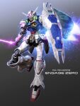  anaheim_electronics beam_saber character_name flying glowing glowing_eyes green_eyes grey_background gundam gundam_engage_zero gundam_u.c._engage highres holding holding_sword holding_weapon jet_engine light_particles looking_down mecha no_humans planeta_tsuji robot science_fiction sword thrusters v-fin weapon 