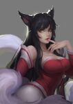  1girl ahri_(league_of_legends) animal_ears bare_shoulders black_hair breasts brown_eyes cleavage collarbone detached_sleeves finger_to_mouth fox_ears fox_tail grey_background hand_up highres large_breasts league_of_legends long_hair long_sleeves moya_(artstation) multiple_tails shiny_skin sideways_glance simple_background smile solo tail 
