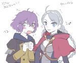  2girls ahoge bernadetta_von_varley blue_eyes braid breasts brown_eyes capelet fire_emblem fire_emblem:_three_houses fire_emblem_fates garreg_mach_monastery_uniform grey_hair hairband hood hooded_capelet looking_at_viewer low_twin_braids medium_breasts multiple_girls nina_(fire_emblem) parted_bangs purple_hair red_capelet red_hood sasakinolettuce twin_braids upper_body 