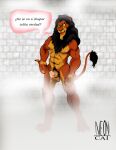  anthro balls bodily_fluids claws cum disney felid fuzzycat genital_fluids genitals green_eyes lion male mammal mane muscular nipples pantherine penis scar scar_(the_lion_king) solo spanish_text standing steam text the_lion_king yellow_sclera 