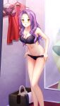  1girl bare_arms black_bra black_panties blush bra breasts changing_clothes changing_room cleavage collarbone doukyuusei_2 doukyuusei_another_world groin katagiri_mirei large_breasts leaning_forward long_hair looking_at_viewer mirror navel open_mouth panties panty_pull purple_hair solo standing underwear underwear_only yellow_eyes 