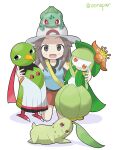  1girl animal_on_head blue_shirt brown_eyes brown_hair bulbasaur chikorita dot_nose highres kneeling leaf_(pokemon) lilligant oenopar on_head open_mouth pokemon pokemon_(game) pokemon_frlg red_skirt shirt simple_background skirt twitter_username white_background white_headwear xatu 