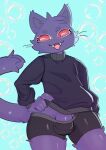  anthro blue_background bottomwear bubble bulge clothed clothing detailed domestic_cat fangs felid feline felis fur genitals hand_on_hip looking_away male mammal open_mouth penis pink_eyes purple_body purple_fur shorts simple_background solo standing sweater teeth topwear vroorv 