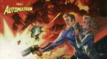  1boy 1girl 1other blonde_hair blue_jumpsuit company_logo company_name copyright_name english_text fallout_(series) fallout_4 from_side glowing glowing_eyes gun highres holding holding_gun holding_weapon jumpsuit key_visual official_art promotional_art red_eyes robot short_hair upper_body watermark weapon 