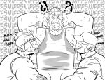  3boys absurdres armpit_hair armpit_hair_peek bara bench_press borrowed_character bulge earrings forked_eyebrows from_above full_beard glasses greyscale grunt_(onlytusks) hat_over_eyes highres jewelry large_pectorals lying male_focus mature_male monochrome monster_boy multiple_boys muscular muscular_male nipple_slip nipples o_o on_back onlytusks orc original pectorals pointy_ears rhys_(juggermelon) sanpaku scar scar_on_face scar_on_nose short_hair shorts sidepec smelling_armpit sound_effects spread_legs sweat sweaty_clothes tank_top thick_beard thick_eyebrows thick_thighs thighs tusks very_sweaty yaoi zorg_(onlytusks) 