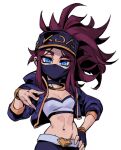  1girl akali belt black_choker black_gloves black_pants blue_eyes bracelet breasts choker cleavage cropped_jacket fingerless_gloves gloves grey_belt hand_on_own_hip jacket jewelry k/da_(league_of_legends) k/da_akali league_of_legends long_hair mask midriff mouth_mask navel necklace open_clothes open_jacket pants phantom_ix_row red_hair simple_background single_glove small_breasts solo stomach white_background 