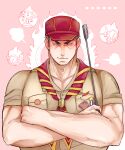  ... 1boy aizen_(housamo) averting_eyes bara baseball_cap black_hair blush camping crossed_arms frown hat highres itaru_(kidomh63) large_pectorals long_sideburns looking_to_the_side male_focus mature_male muscular muscular_male official_alternate_costume pectoral_cleavage pectorals pink_background short_hair shy sideburns solo thick_eyebrows tokyo_afterschool_summoners tsundere upper_body wrinkled_skin 