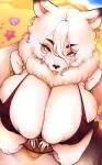  absurd_res anthro arctic_fox beach big_breasts big_tail black_ear_tips blep blue_eyes breasts canid canine chair cleavage cleavage_overflow clothed clothing down_blouse female fox fur furniture hi_res huge_breasts huge_tail looking_at_viewer mammal neckfluff niucniuc seaside sitting solo svala_(svala_fox) tail tongue tongue_out white_body white_fur 