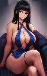  1girl bare_shoulders black_hair blue_dress blue_eyes breasts crossed_legs dress hair_between_eyes highres hime_cut large_breasts lips long_hair looking_at_viewer one_piece parted_bangs parted_lips sitting thick_thighs thighs vivian_opart wide_hips 
