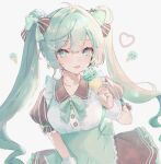  1girl :p apron asagimu_(tsuktsuk) bow bowtie breasts brown_bow brown_skirt buttons commentary_request double_bun food green_apron green_bow green_bowtie green_eyes green_nails hair_bow hair_bun hair_ornament hatsune_miku heart holding holding_food holding_ice_cream_cone looking_to_the_side medium_breasts mint_chocolate multicolored_bow nail_polish puffy_short_sleeves puffy_sleeves shirt short_sleeves simple_background skirt solo striped striped_bow tongue tongue_out twintails vocaloid waist_apron wavy_hair white_background white_shirt wrist_cuffs x_hair_ornament 