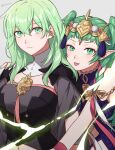  2girls :p bare_arms bare_shoulders black_shirt breasts byleth_(female)_(fire_emblem) byleth_(fire_emblem) commentary_request fire_emblem fire_emblem:_three_houses green_eyes green_hair grey_background hair_between_eyes highres large_breasts long_hair looking_at_viewer multiple_girls navel peach11_01 pointy_ears shirt simple_background sothis_(fire_emblem) tongue tongue_out upper_body 