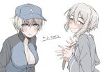  2girls absurdres aoba_moca bang_dream! blonde_hair blue_eyes blush breasts breasts_out cleavage closed_mouth dated girls_und_panzer hat highres keizoku_military_uniform large_breasts looking_at_viewer m1saki_1 military_uniform multiple_girls no_bra short_hair simple_background smile uniform upper_body white_background youko_(girls_und_panzer) 