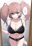  1girl asymmetrical_bangs atlanta_(kancolle) black_bra black_panties blush bra breasts brown_hair cleavage collarbone commentary_request earrings grey_eyes jewelry kantai_collection large_breasts long_hair looking_at_viewer navel open_door open_mouth panties shigure_ryuunosuke signature single_earring solo speech_bubble star_(symbol) star_earrings translation_request twitter_username two_side_up underwear underwear_only 