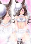  1girl alternate_costume aonuma_kiyoharu black_hair blush breasts bridal_veil censored closed_eyes commentary_request female_orgasm gloves hair_ornament hair_over_one_eye hat highres looking_at_viewer navel orgasm pink_background purple_eyes rice_shower_(umamusume) small_breasts solo sweat swimsuit tears thighhighs umamusume veil 