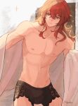  1boy abs black_male_underwear bulge closed_mouth diluc_(genshin_impact) doveluc genshin_impact hair_between_eyes highres long_hair male_focus male_underwear muscular muscular_male navel nipples otoko_no_ko red_eyes red_hair scar solo stomach topless_male towel underwear 