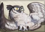  after_sex ambiguous_gender avian beak bird bodily_fluids brown_body brown_feathers cum cum_in_cloaca cum_inside cum_on_beak cum_on_belly cum_on_body cum_on_face eyewear feathered_wings feathers feral genital_fluids glasses lying male_(lore) mcfan on_back owl solo talons wings 