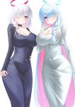  2girls absurdres alternate_breast_size alternate_costume alternate_hair_length alternate_hairstyle arona_(blue_archive) black_choker black_dress black_jacket blue_archive blue_eyes blue_hair blue_halo blunt_bangs blush braid breasts choker cleavage colored_inner_hair commentary covered_navel dress grey_eyes grin hair_over_one_eye hair_over_shoulder halo hand_on_own_hip highres jacket large_breasts long_hair long_sleeves looking_at_viewer multicolored_hair multiple_girls open_mouth pink_hair plana_(blue_archive) red_halo red_pupils shira_jun short_hair simple_background single_braid sleeveless sleeveless_dress smile streaked_hair very_long_hair white_background white_choker white_dress white_hair white_jacket 