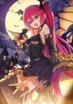  +_+ 1girl bare_shoulders bare_tree bat_(animal) bat_wings black_dress black_gloves black_thighhighs blush bow_legwear breasts building candy demon_tail detached_sleeves dress food full_moon gloves halloween head_wings highres holding holding_candy holding_food holding_lollipop huge_moon jack-o&#039;-lantern lollipop long_hair looking_at_viewer medium_breasts moon night open_mouth original outdoors pointy_ears pumpkin red_eyes red_hair sitting sky smile solo star_(sky) starry_sky tail thighhighs tree very_long_hair wasabi60 wings 