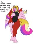  2016 annoyed anthro breasts crown cursed_object dialogue digital_media_(artwork) dragon english_text equid equine feathered_wings feathers female friendship_is_magic genitals hasbro headgear hi_res horn looking_down mammal my_little_pony navel nude open_mouth princess_cadance_(mlp) pussy robertge simple_background solo species_transformation standing tail text tiara transformation white_background winged_unicorn wings 