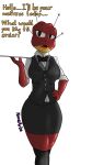  amphibian amphibian_humanoid animal_humanoid bow_tie cult_of_the_lamb digital_drawing_(artwork) digital_media_(artwork) female frog frog_humanoid heket_(cult_of_the_lamb) hi_res humanoid novaarts serving_tray simple_background solo_focus waitress_uniform 