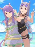  2girls absurdres animal_ears bare_shoulders black_one-piece_swimsuit casual_one-piece_swimsuit chisaku commentary cowboy_shot dress ear_flower ear_wreath eyewear_on_head gold_ship_(run_revolt_launcher)_(umamusume) gold_ship_(umamusume) grey_hair highres horse_ears horse_girl horse_tail long_hair looking_at_viewer mejiro_mcqueen_(ripple_fairlady)_(umamusume) mejiro_mcqueen_(umamusume) multiple_girls official_alternate_costume one-piece_swimsuit purple-tinted_eyewear purple_eyes purple_hair see-through see-through_dress smile sunglasses swimsuit tail tinted_eyewear umamusume v yellow-framed_eyewear 