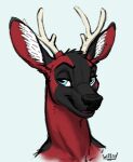  anthro antlers black_body blue_eyes deer fur headshot_portrait horn male mammal portrait red_body shaded side_eye solo w31rd white_body white_fur 