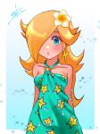  1girl bare_shoulders blonde_hair blue_dress blue_eyes dress earrings eyelashes flower hair_flower hair_ornament hair_over_one_eye highres jewelry long_hair looking_at_viewer mario_(series) mario_kart mario_kart_tour nonoworks parted_lips rosalina rosalina_(swimwear) signature solo star_(symbol) star_earrings star_print water 