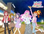  5girls :d ahoge artist_request blue_eyes bow brown_hair casual copyright_name eyelashes food green_eyes hair_bow hair_ornament hairband happy hat high_ponytail high_side_ponytail ichinose_minori kururun_(precure) laura_la_mer long_hair looking_at_viewer low_twintails medium_hair multiple_girls natsuumi_manatsu night official_art open_mouth orange_eyes orange_hair pink_hair ponytail precure promotional_art purple_eyes purple_hair red_hair short_hair side_ponytail smile source_request standing suzumura_sango takizawa_asuka tropical-rouge!_precure twintails 