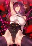  1girl absurdres arm_up armpits ass_visible_through_thighs biting breast_strap breasts cameltoe choker collarbone eyewear_on_head floating_hair genkung highres honkai:_star_rail honkai_(series) kafka_(honkai:_star_rail) large_breasts lip_biting lips long_hair looking_at_viewer parted_lips purple_eyes purple_hair purple_thighhighs smile solo spread_legs string thighhighs thighs 