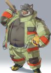  2023 absurd_res anthro armor belly big_belly bottomwear clothing firefighter hard_hat headgear helmet hi_res kemoniku120 kemono male mammal moobs musclegut navel nipples overweight overweight_male pants simple_background solo suid suina sus_(pig) wild_boar 