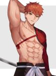  1boy abs arm_behind_head armpits collarbone commentary cowboy_shot emiya_shirou fate/grand_order fate_(series) hair_between_eyes highres holding holding_sword holding_weapon igote katana large_pectorals looking_at_viewer male_focus muscular muscular_male navel orange_eyes orange_hair parted_lips pectorals senji_muramasa_(fate) seum_(kao_husband) short_hair solo sweat sword symbol-only_commentary weapon 
