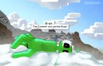  ambiguous_gender anthro creeper_(minecraft) english_text green_body hi_res microsoft minecraft mojang not_furry outside red_eyes sincastermon snow solo text xbox_game_studios 