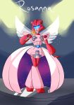  1girl absurdres ashourii autobot belt blue-framed_eyewear curvy dress highres humanoid_robot microphone pink_lips robot robot_girl rosanna_(transformers) short_dress transformers transformers_animated wings 