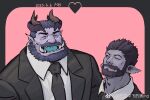  2boys ^_^ absurdres alternate_costume artist_request bara beard black_suit closed_eyes colored_skin demon_boy demon_horns extra_horns facial_hair heart highres horns husband_and_husband laughing male_focus multiple_boys muscular muscular_male necktie one_eye_closed original pink_background pointy_ears purple_skin short_hair sideburns suit thick_mustache upper_body yaoi 