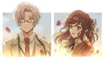  1boy 1girl :d border brown_coat brown_hair coat collared_shirt cropped_torso formal green_eyes hair_ornament highres jacket lanyard long_hair looking_at_viewer necktie nirvelia open_mouth petals red_jacket red_necktie rosa_(tears_of_themis) shirt short_hair smile tears_of_themis upper_body vyn_richter_(tears_of_themis) white_border white_hair white_shirt yellow_eyes 