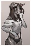  anthro border brown_eyes canid canine canis clothing domestic_dog ear_piercing eye_through_hair female flat_ears hair hand_on_face hi_res luckyonn mammal panties piercing shoulderless_sweater solo sweater topwear translucent translucent_hair underwear white_border 