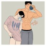  2boys abs artist_name bara black_hair blush closed_eyes closed_mouth couple cup grey_male_underwear grey_pants holding holding_cup kashikahaya large_pectorals looking_at_another male_focus male_underwear multiple_boys muscular muscular_male navel nipples original pants pectorals pink_shirt shirt short_hair simple_background topless_male underwear yaoi 