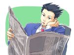  1boy ace_attorney arm_support black_eyes black_hair blue_jacket bored collared_shirt commentary_request dated hand_on_own_chin head_rest holding holding_newspaper jacket long_sleeves looking_ahead male_focus necktie newspaper open_mouth phoenix_wright reading shirt short_hair solo spiked_hair taba_(tb_gya) translation_request upper_body white_shirt 