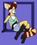  ailurid astra_(tenpoundhammer) canid canine clothing fennec fox hair hybrid mammal markings red_hair red_panda shirt striped_markings striped_tail stripes tabbiewolf tail tail_markings tank_top topwear trans_(lore) trans_woman_(lore) 