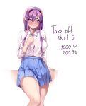  1girl absurdres bare_legs blue_skirt blush breasts clothes_lift collared_shirt doki_doki_literature_club hair_between_eyes hair_intakes hair_ornament hairclip hand_on_own_chest highres huge_breasts jacket long_bangs looking_to_the_side medium_skirt meme pleated_skirt purple_eyes purple_hair shirt shy skirt skirt_lift solo thick_thighs thighs twitter_strip_game_(meme) white_jacket yudsnuts yuri_(doki_doki_literature_club) 
