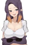  1girl :3 :d aged_up alternate_breast_size alternate_costume black_hair blue_eyes blush breasts cleavage creature fang forehead highres hololive hololive_english large_breasts long_hair looking_at_viewer mole mole_under_eye ninomae_ina&#039;nis open_mouth orange_hair pointy_ears punished_pigeon shirt short_sleeves signature simple_background smile solo sunglasses tentacle_hair upper_body white_background white_shirt 