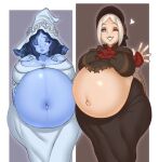  2girls bloodborne breasts elden_ring hat hellbrain highres lips looking_at_viewer multiple_girls plain_doll pregnant ranni_the_witch smile stomach teeth witch_hat 