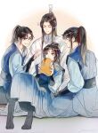  4boys absurdres angry annoyed artist_name bishounen black_hair blue_eyes blue_robe blue_sash book chinese_clothes chinese_commentary chu_wanning clenched_teeth closed_eyes closed_mouth commentary_request covering_mouth erha_he_tadebai_mao_shizun green_eyes grin hair_between_eyes hair_ornament hair_ribbon hand_up hands_up hanfu high_ponytail highres holding holding_book index_finger_raised long_hair long_sleeves looking_at_another male_focus mo_ran multiple_boys open_book parted_bangs pointing pointing_at_another ponytail profile puffy_sleeves purple_eyes red_ribbon ribbon robe sash sheng3_3 shi_mei sidelocks sitting smile sweatdrop teeth vambraces weibo_logo weibo_username white_robe xue_meng 