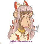  1girl bittersweetwomb bored_ape bored_ape_yacht_club bow cigarette collared_shirt commentary cosplay cropped_torso ear_piercing english_commentary fujiwara_no_mokou fujiwara_no_mokou_(cosplay) hair_bow light_purple_hair looking_away meme monkey no_humans piercing pixel_art shirt simple_background smoke smoking solo suspenders touhou twitter_username upper_body white_background 