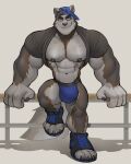  2022 abs anthro arm_support black_nipples blue_clothing blue_eyes blue_underwear bulge canid canine claws clothed clothing footwear gulonine hat headgear headwear hi_res hybrid jockstrap kenkudog leaning leaning_back male mammal muscular muscular_anthro muscular_male mustelid musteline nipples partially_clothed presenting railing raised_clothing raised_shirt raised_topwear shadow shirt shoes simple_background smile smug sneakers solo standing styrling topwear underwear were werecanid werecanine werewolf wolverine 