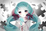 1girl :&lt; blue_hair blush chuuko_anpu glowing hair_ribbon hatsune_miku highres holding holding_phone hood hood_up hoodie long_hair long_sleeves looking_at_viewer low_twintails open_mouth phone puzzle_piece red_eyes ribbon solo striped striped_ribbon twintails upper_body vocaloid 