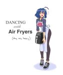  1girl ahoge air_fryer apron black_footwear blue_hair collared_shirt endless_monday:_dreams_and_deadlines english_commentary english_text fang flying_sweatdrops full_body grey_shirt hcnone highres holding looking_at_viewer meme_attire open_collar open_mouth original pants print_apron red_eyes shirt short_hair simple_background skin_fang skye_(hcnone) sleeves_rolled_up solo sugoi_dekai white_apron white_background 
