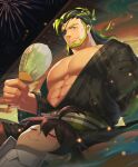  2boys absurdres bara beard black_hair black_kimono character_request closed_eyes closed_mouth eyepatch facial_hair fireworks green_hair hand_fan highres holding holding_fan japanese_clothes kimono large_pectorals leon_(world_flipper) long_hair male_focus multiple_boys muscular muscular_male night night_sky one_eye_covered outdoors pectorals sitting sky smile world_flipper zhuganchangjiadan 