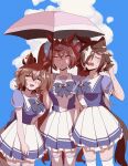  3girls animal_ears aston_machan_(umamusume) b6mti blue_shirt blue_sky blush breasts brown_hair closed_eyes closed_mouth cloud commentary_request daiwa_scarlet_(umamusume) day frilled_skirt frills green_eyes hair_between_eyes hair_intakes hair_over_one_eye highres holding holding_umbrella horse_ears horse_girl horse_tail large_breasts long_hair looking_at_viewer multicolored_hair multiple_girls outdoors pink_umbrella pleated_skirt puffy_short_sleeves puffy_sleeves red_eyes shared_umbrella shirt short_sleeves skirt sky streaked_hair sweat tail thighhighs tiara twintails umamusume umbrella very_long_hair vodka_(umamusume) white_hair white_skirt white_thighhighs 